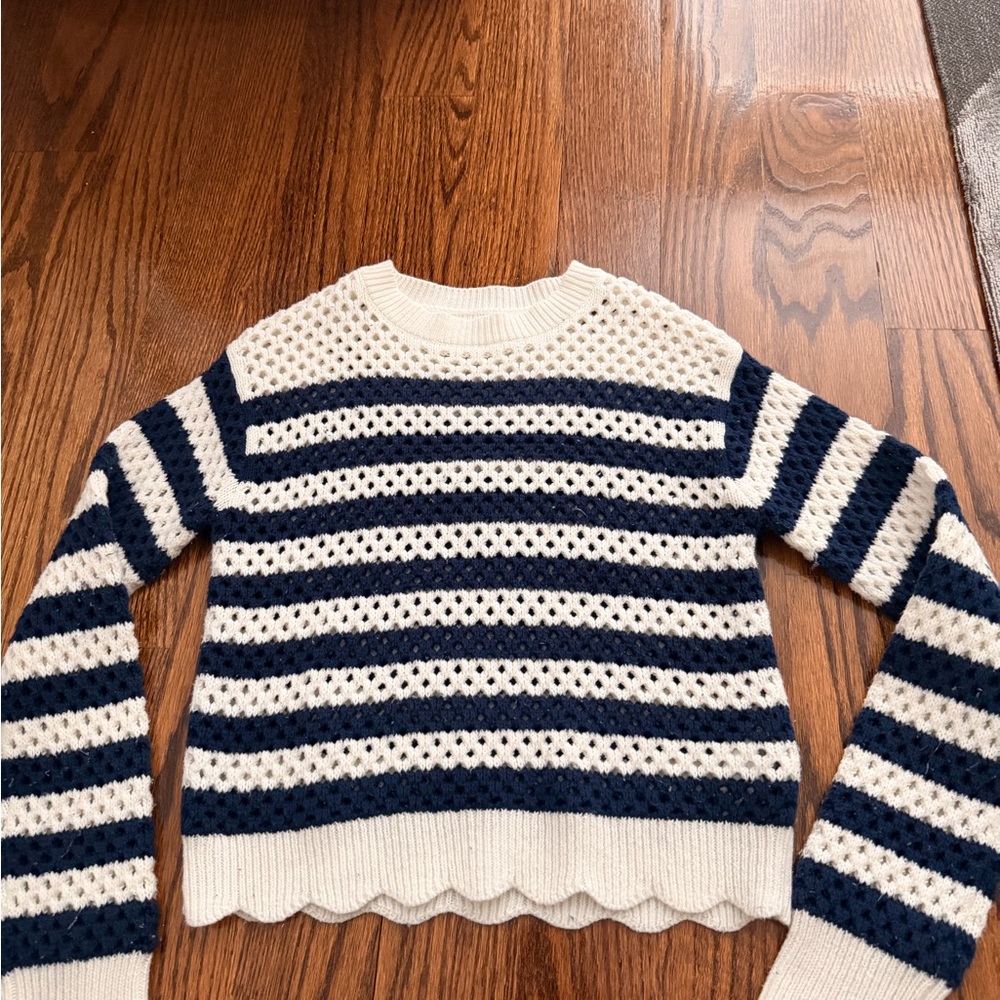 J. Crew Open-Knit Striped Crewneck Sweater in White & Navy